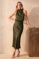 Load image into Gallery viewer, Purple Bodycon High Neck Long Satin Wedding Guest Dress