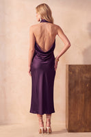 Load image into Gallery viewer, Purple Bodycon High Neck Long Satin Wedding Guest Dress
