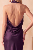 Load image into Gallery viewer, Purple Bodycon High Neck Long Satin Wedding Guest Dress