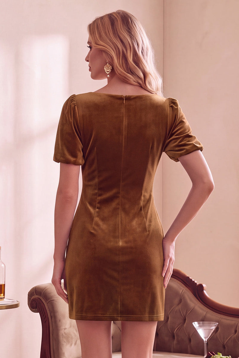 Load image into Gallery viewer, Burunt Orange Velvet V-Neck Puff Sleeves Short Wedding Guest Dress with Bow