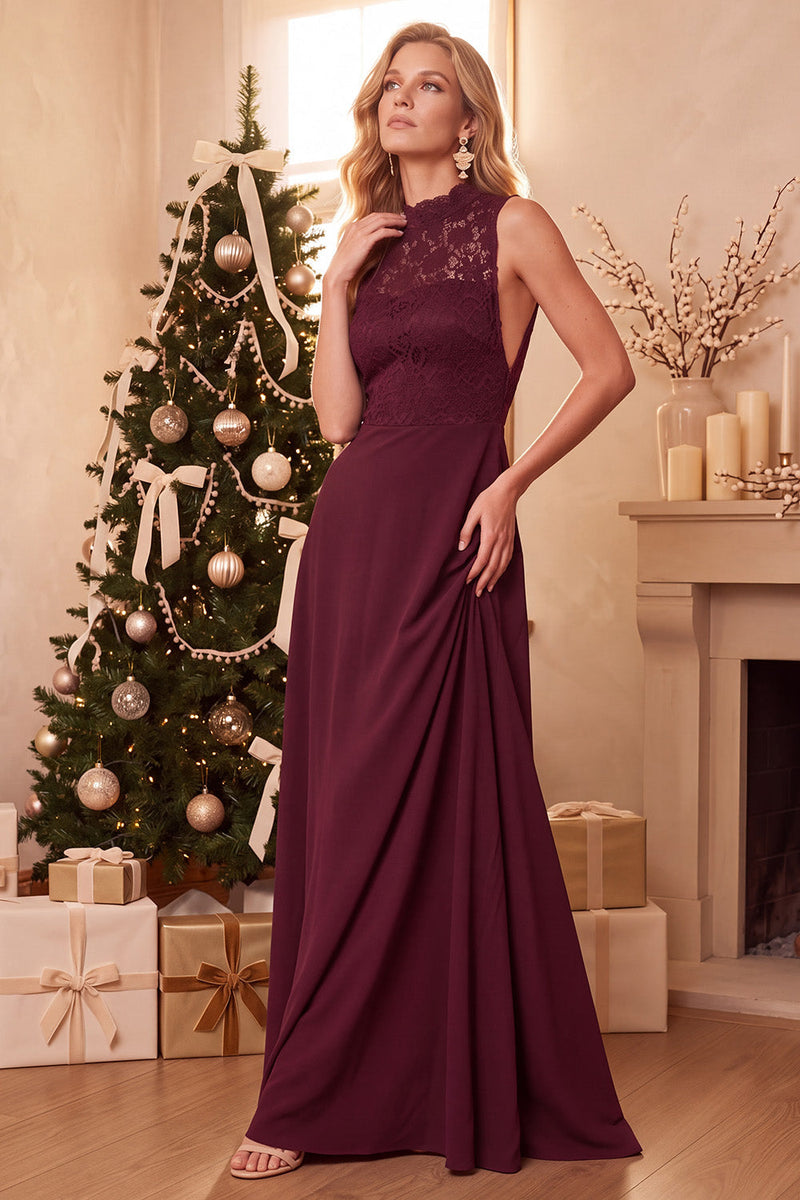 Load image into Gallery viewer, Burgundy A-Line High Neck Satin Long Wedding Guest Dress with Lace