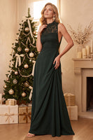 Load image into Gallery viewer, Burgundy A-Line High Neck Satin Long Wedding Guest Dress with Lace