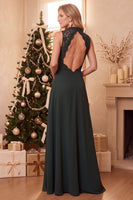 Load image into Gallery viewer, Burgundy A-Line High Neck Satin Long Wedding Guest Dress with Lace