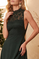 Load image into Gallery viewer, Burgundy A-Line High Neck Satin Long Wedding Guest Dress with Lace