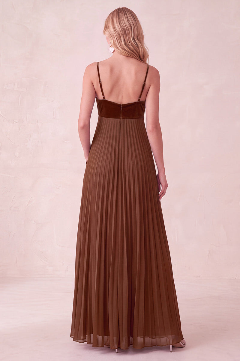 Load image into Gallery viewer, Coffee A-Line Pleated Long Wedding Guest Dress with Pockets