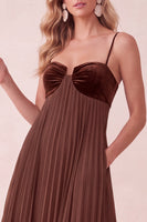 Load image into Gallery viewer, Coffee A-Line Pleated Long Wedding Guest Dress with Pockets