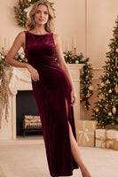 Load image into Gallery viewer, Burgundy Sheath Boat Neck Long Wedding Guest Dress with Slit