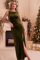 Load image into Gallery viewer, Burgundy Sheath Boat Neck Long Wedding Guest Dress with Slit