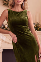 Load image into Gallery viewer, Burgundy Sheath Boat Neck Long Wedding Guest Dress with Slit