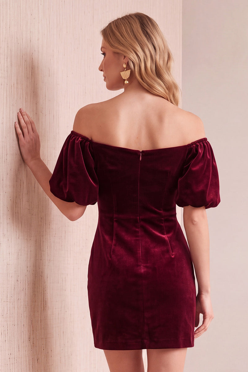 Load image into Gallery viewer, Navy Velvet Sheath Off the Shoulder Puff Sleeves Short Wedding Guest Dress with Bow