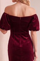 Load image into Gallery viewer, Navy Velvet Sheath Off the Shoulder Puff Sleeves Short Wedding Guest Dress with Bow
