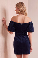 Load image into Gallery viewer, Navy Velvet Sheath Off the Shoulder Puff Sleeves Short Wedding Guest Dress with Bow