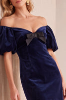 Load image into Gallery viewer, Navy Velvet Sheath Off the Shoulder Puff Sleeves Short Wedding Guest Dress with Bow