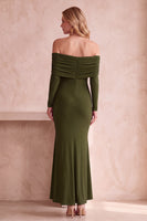 Load image into Gallery viewer, Purple Mermaid Satin Off the Shoulder Long Wedding Guest Dress with Sleeves