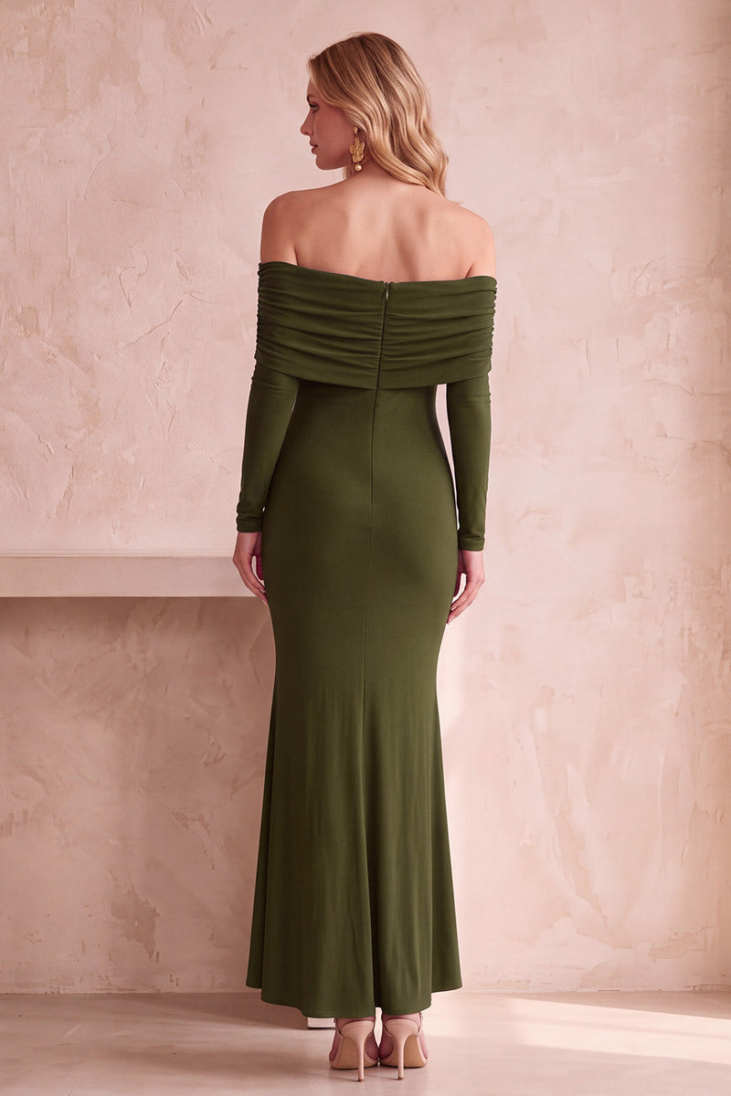 Load image into Gallery viewer, Purple Mermaid Satin Off the Shoulder Long Wedding Guest Dress with Sleeves