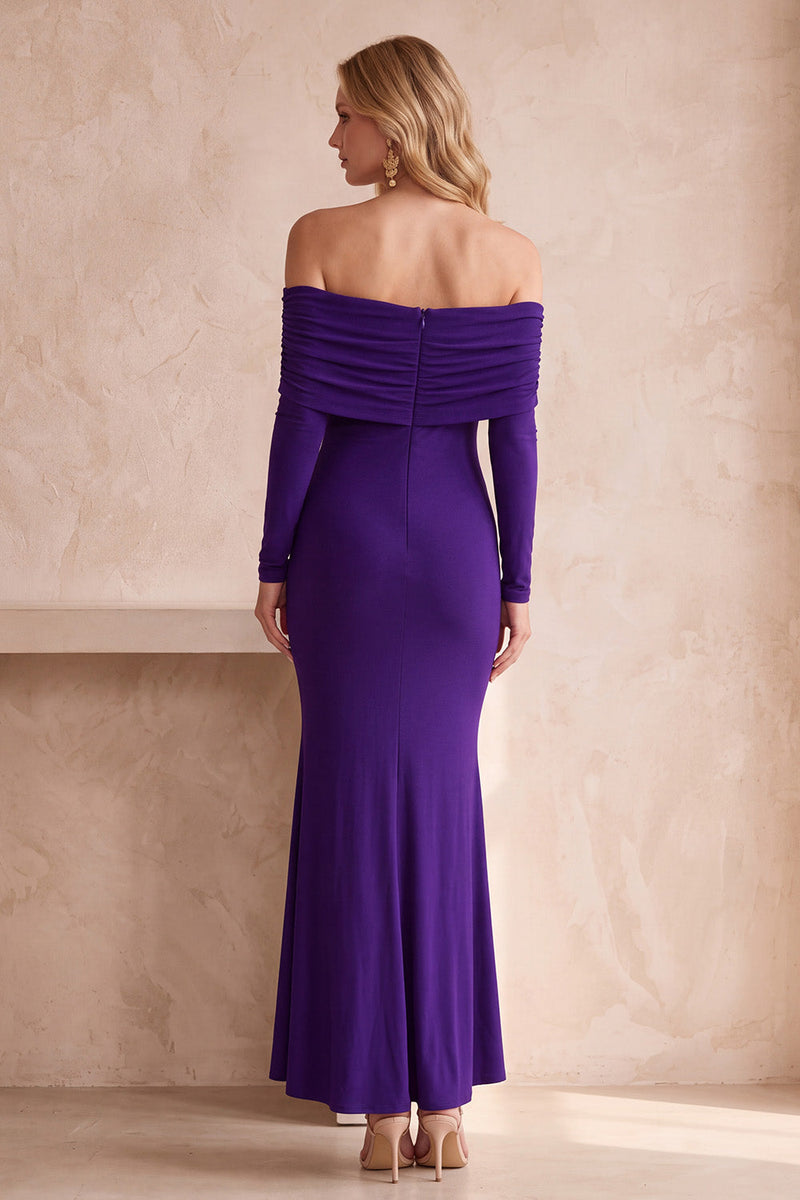 Load image into Gallery viewer, Purple Mermaid Satin Off the Shoulder Long Wedding Guest Dress with Sleeves