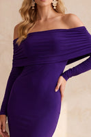 Load image into Gallery viewer, Purple Mermaid Satin Off the Shoulder Long Wedding Guest Dress with Sleeves