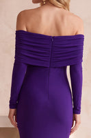 Load image into Gallery viewer, Purple Mermaid Satin Off the Shoulder Long Wedding Guest Dress with Sleeves