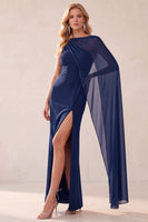 Load image into Gallery viewer, Navy Mermaid Bateau Neck Long Wedding Guest Dress with Cape
