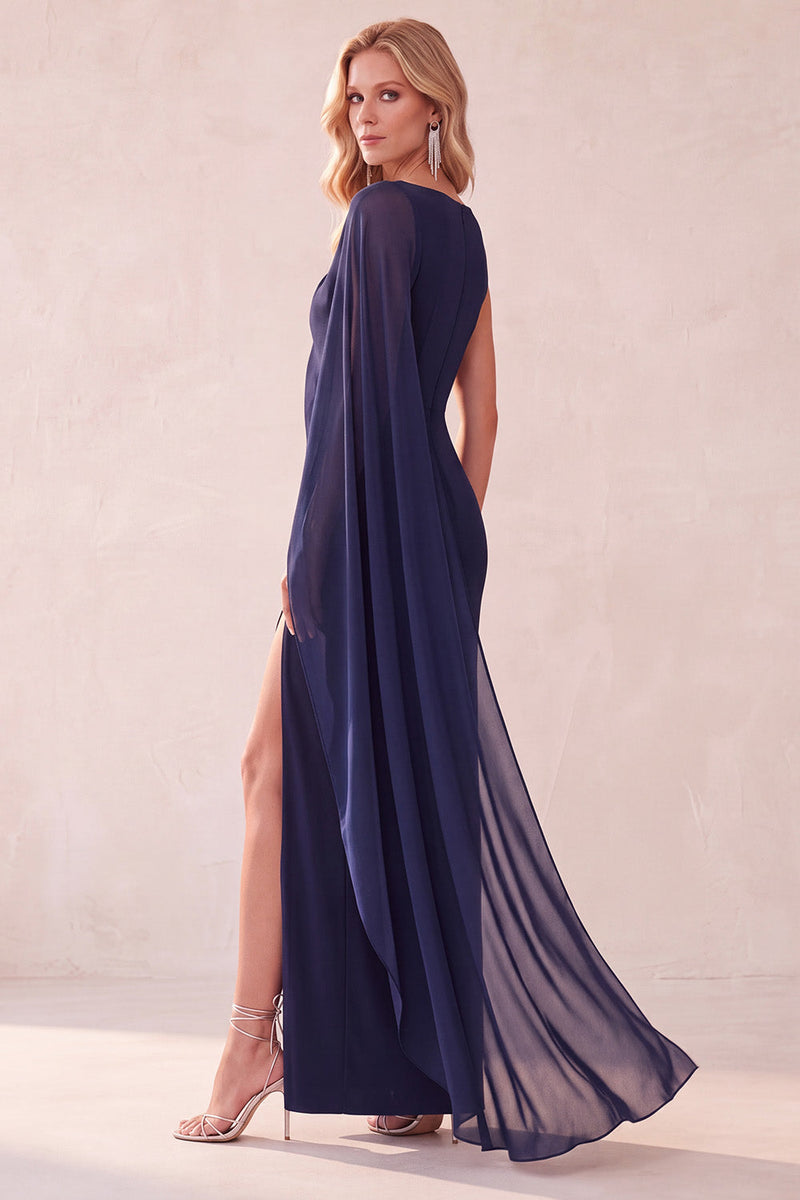 Load image into Gallery viewer, Navy Mermaid Bateau Neck Long Wedding Guest Dress with Cape