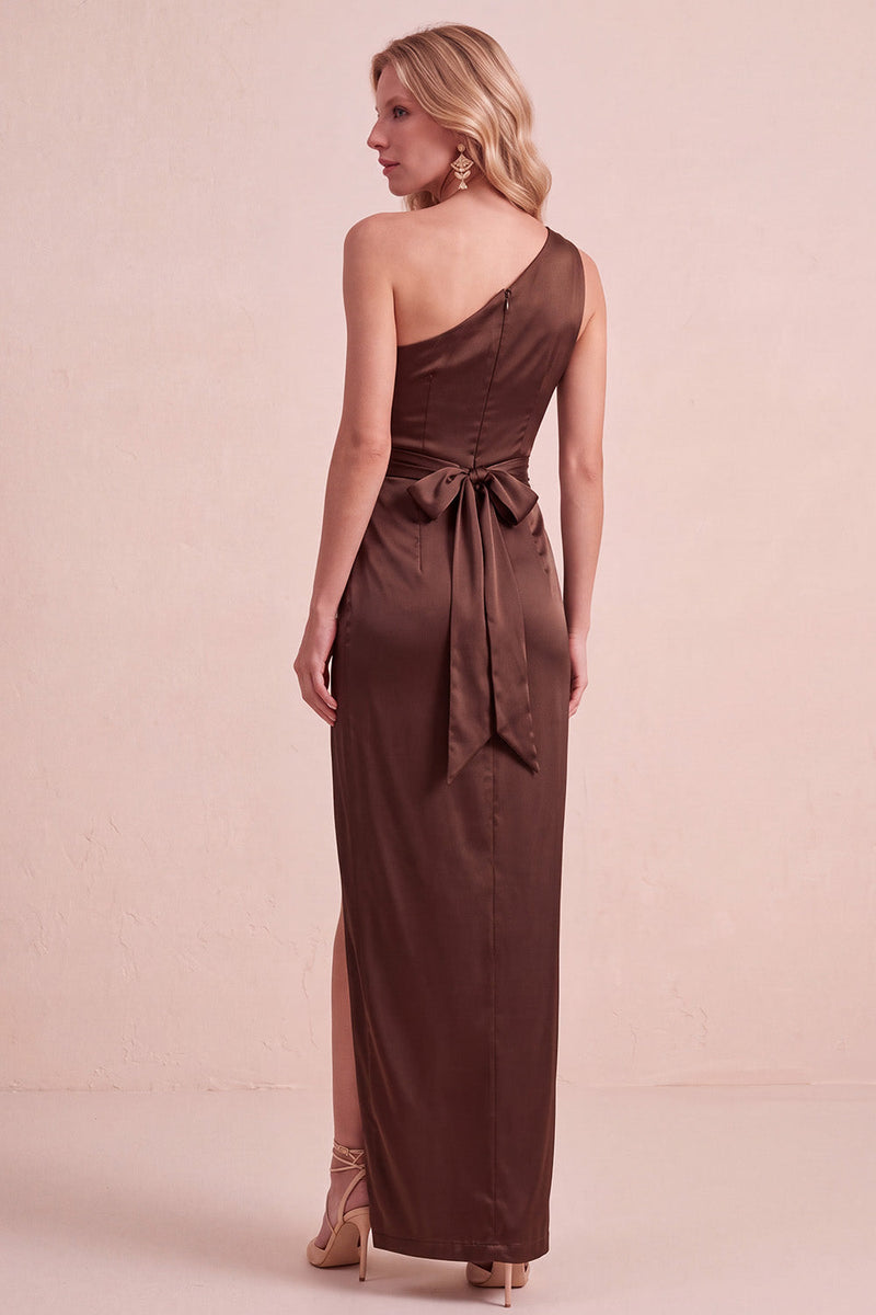 Load image into Gallery viewer, Coffee Satin Sheath One Shoulder Ruched Long Wedding Guest Dress with Slit