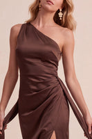Load image into Gallery viewer, Coffee Satin Sheath One Shoulder Ruched Long Wedding Guest Dress with Slit