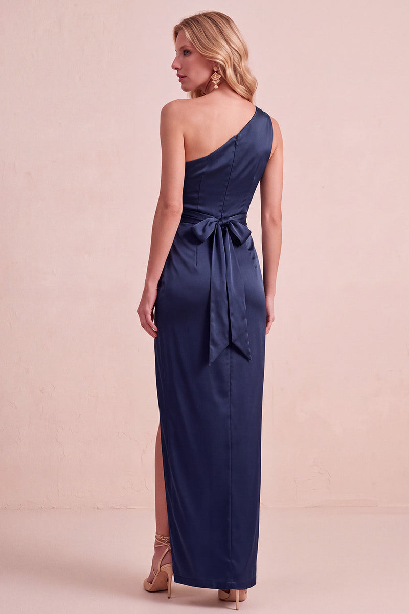 Load image into Gallery viewer, Coffee Satin Sheath One Shoulder Ruched Long Wedding Guest Dress with Slit