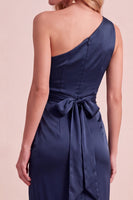 Load image into Gallery viewer, Coffee Satin Sheath One Shoulder Ruched Long Wedding Guest Dress with Slit