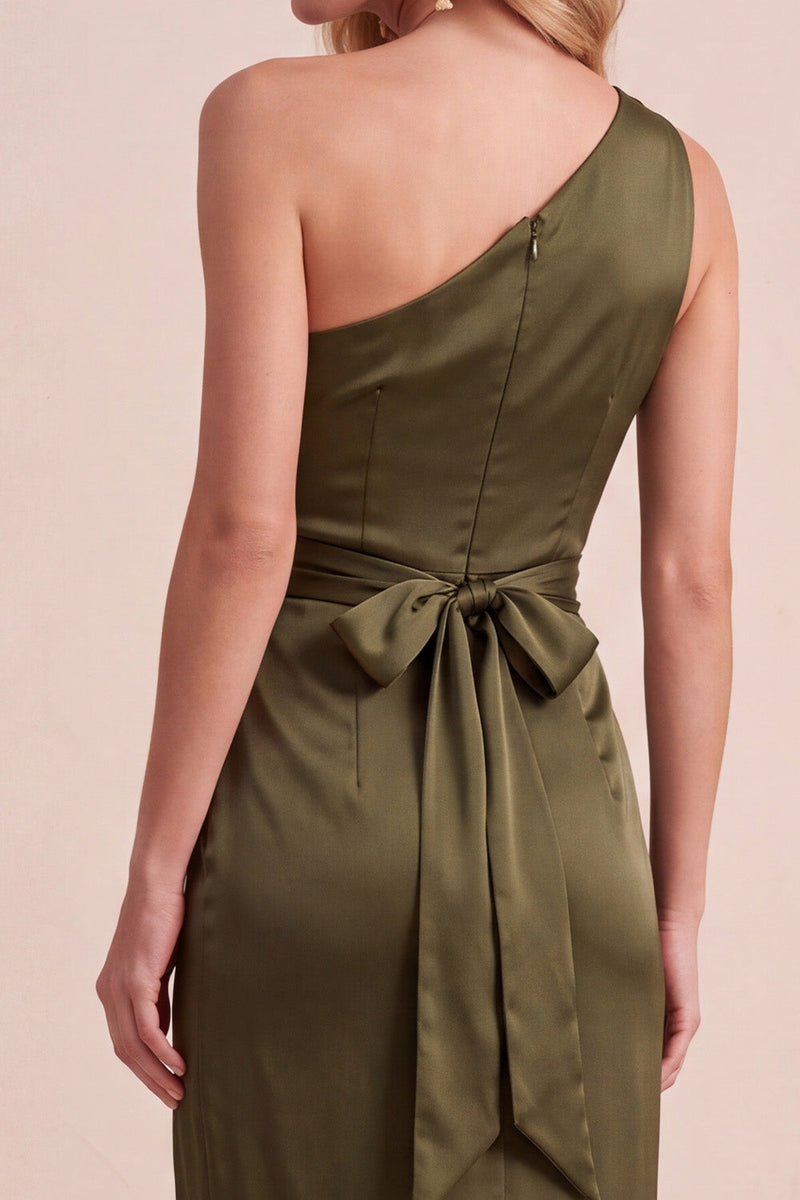 Load image into Gallery viewer, Coffee Satin Sheath One Shoulder Ruched Long Wedding Guest Dress with Slit