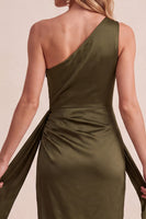 Load image into Gallery viewer, Coffee Satin Sheath One Shoulder Ruched Long Wedding Guest Dress with Slit