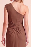 Load image into Gallery viewer, Light Purple Sheath One Shoulder Ruched Long Wedding Guest Dress with Slit
