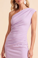 Load image into Gallery viewer, Light Purple Sheath One Shoulder Ruched Long Wedding Guest Dress with Slit