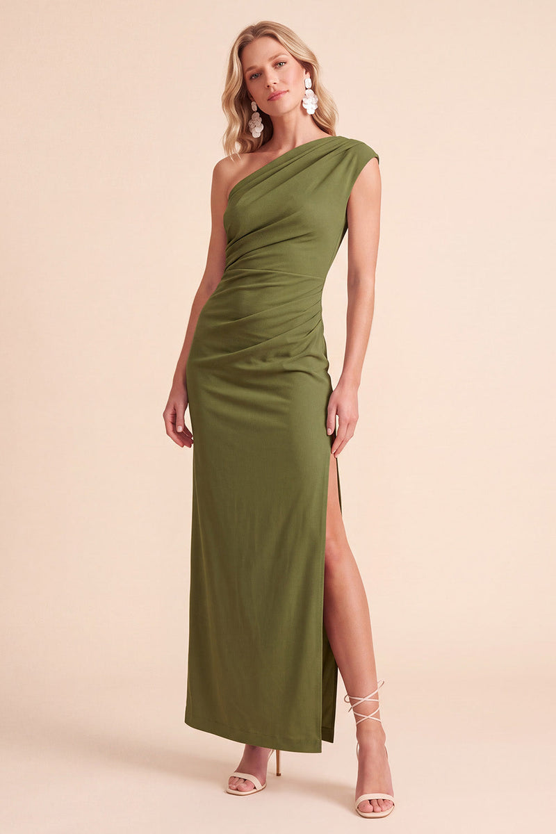Load image into Gallery viewer, Light Purple Sheath One Shoulder Ruched Long Wedding Guest Dress with Slit