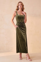 Load image into Gallery viewer, Olive Corset Bodycon Ruched Long Wedding Guest Dress with Pockets