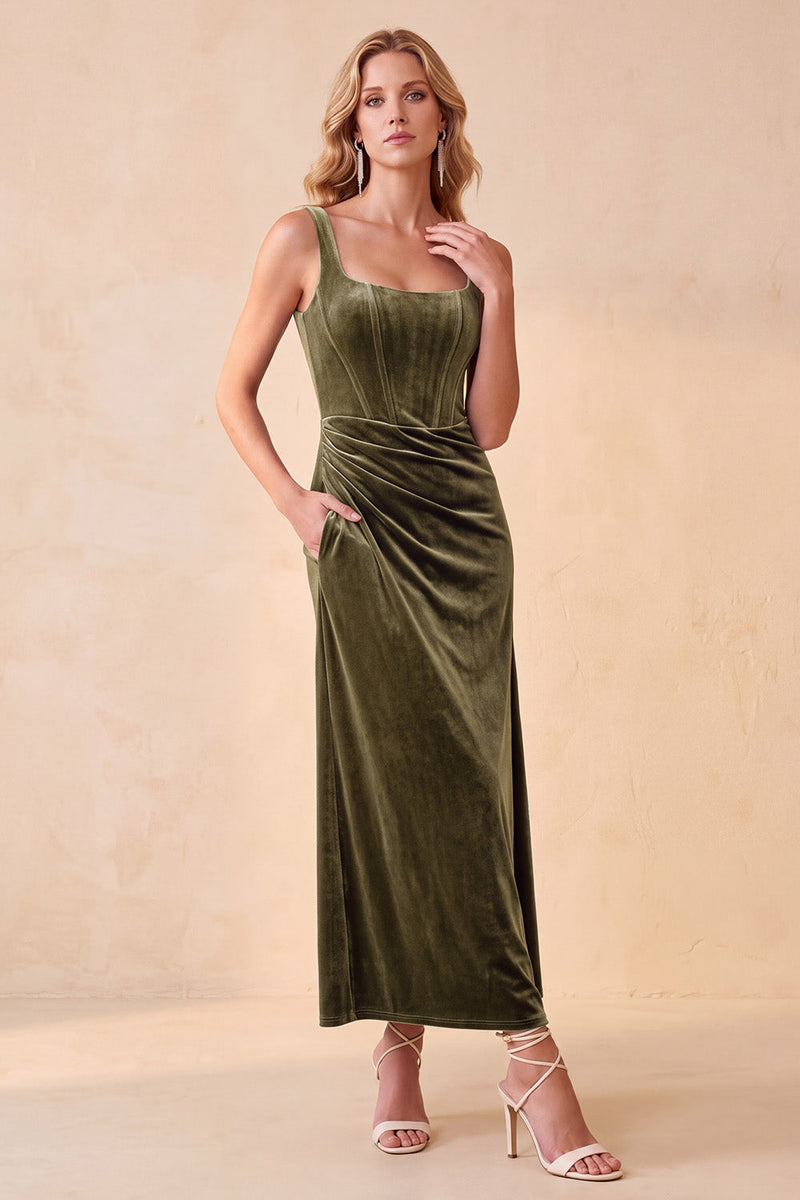 Load image into Gallery viewer, Olive Corset Bodycon Ruched Long Wedding Guest Dress with Pockets