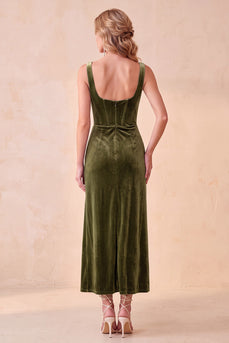 Olive Corset Bodycon Ruched Long Wedding Guest Dress with Pockets