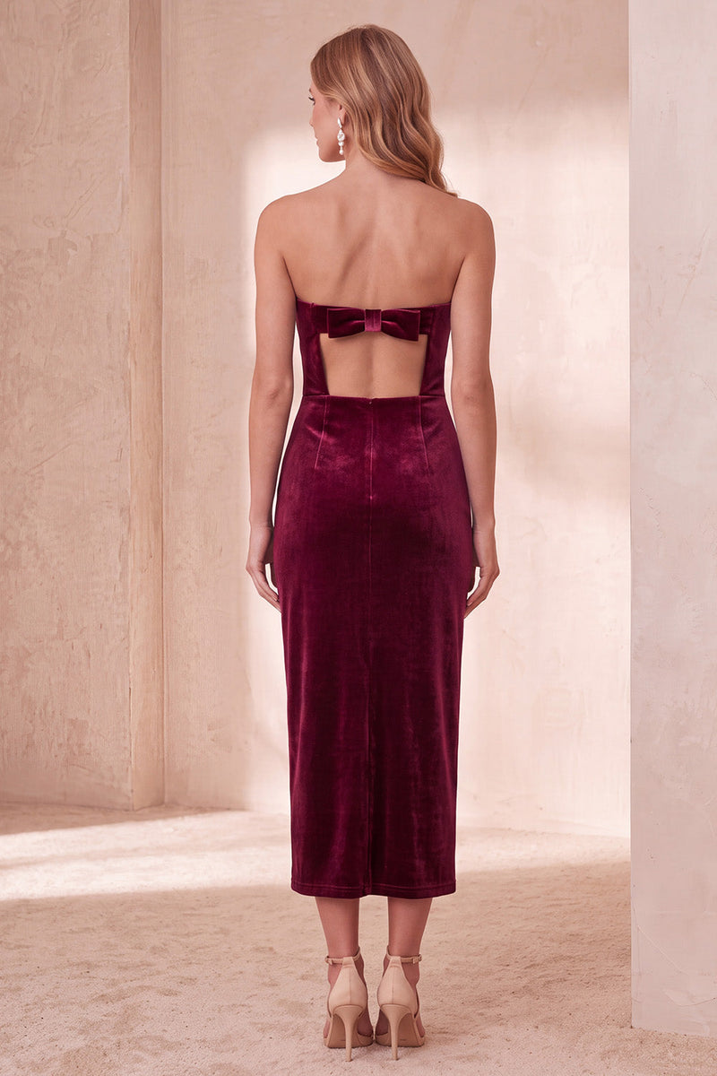 Load image into Gallery viewer, Burgundy Velvet Strapless Bodycon Long Wedding Guest Dress with Bow