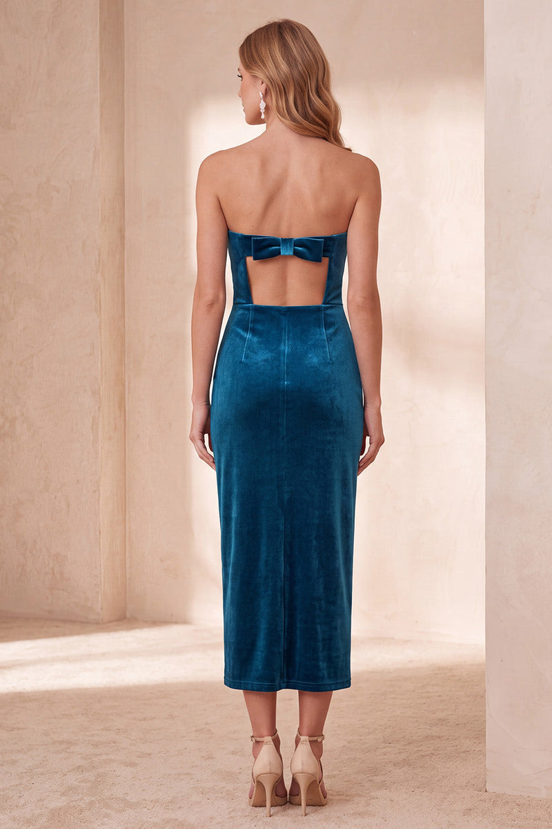 Load image into Gallery viewer, Burgundy Velvet Strapless Bodycon Long Wedding Guest Dress with Bow
