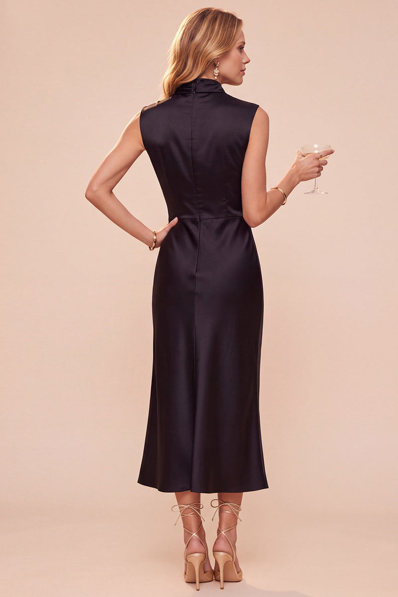 Load image into Gallery viewer, Dark Blue Sheath High Neck Satin Long Wedding Guest Dress with Lace