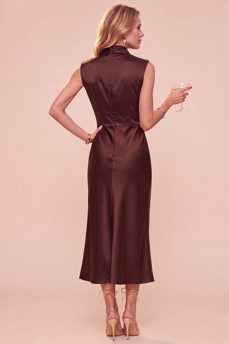 Load image into Gallery viewer, Dark Blue Sheath High Neck Satin Long Wedding Guest Dress with Lace