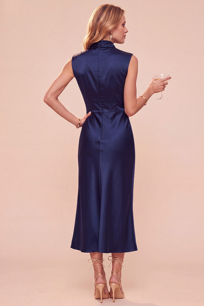 Load image into Gallery viewer, Dark Blue Sheath High Neck Satin Long Wedding Guest Dress with Lace