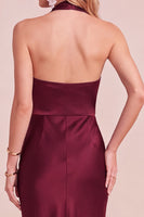 Load image into Gallery viewer, Peacock Green Satin Bodycon Halter Long Wedding Guest Dress with Lace