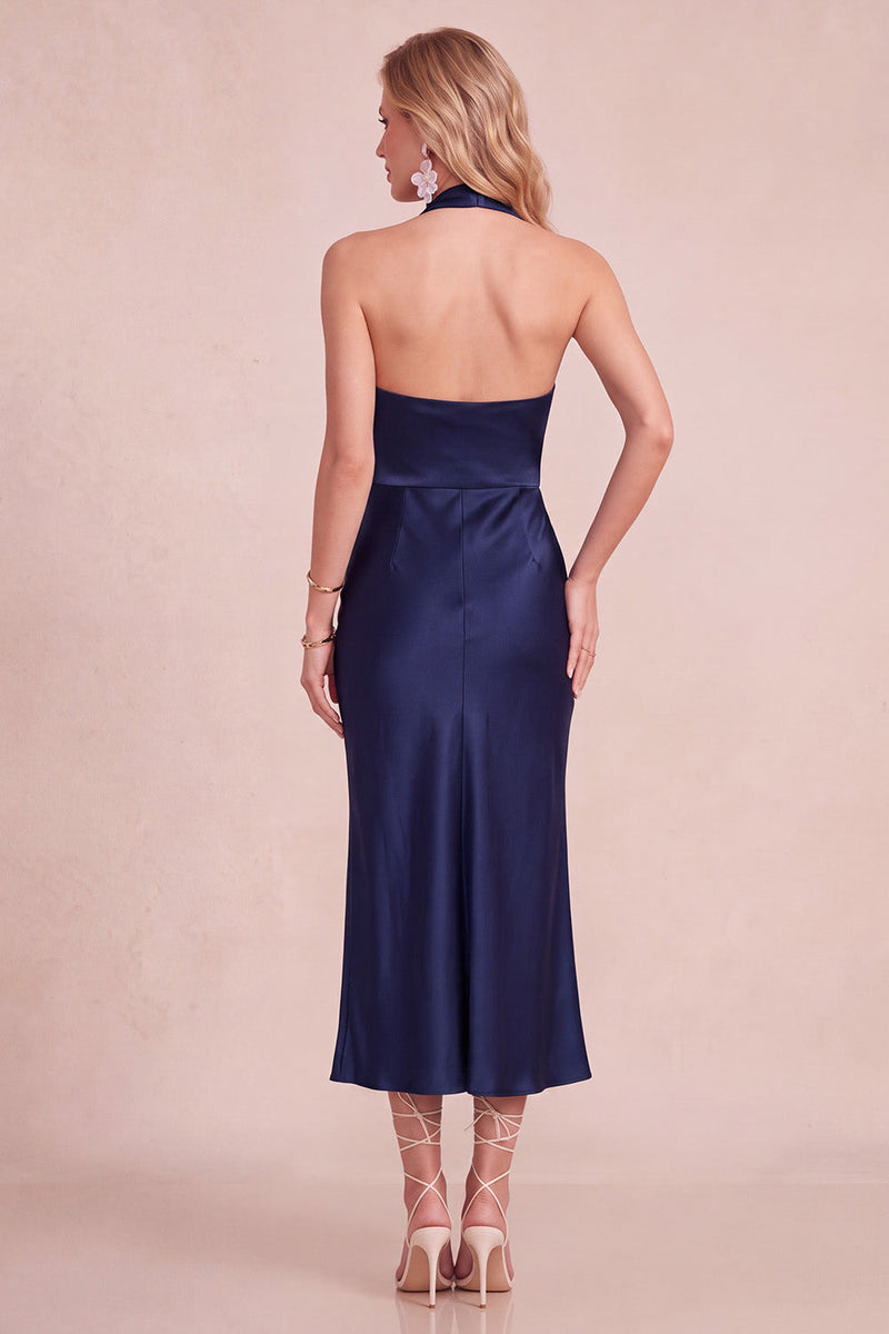 Load image into Gallery viewer, Peacock Green Satin Bodycon Halter Long Wedding Guest Dress with Lace