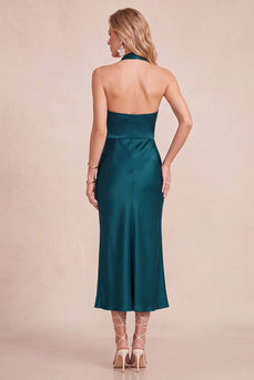Peacock Green Satin Bodycon Halter Long Wedding Guest Dress with Lace
