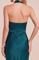 Load image into Gallery viewer, Peacock Green Satin Bodycon Halter Long Wedding Guest Dress with Lace