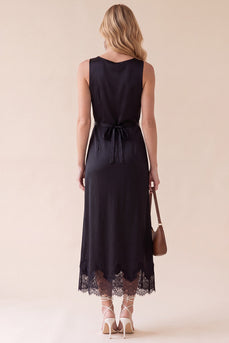 Black Sheath Round Neck Satin Long Wedding Guest Dress with Lace