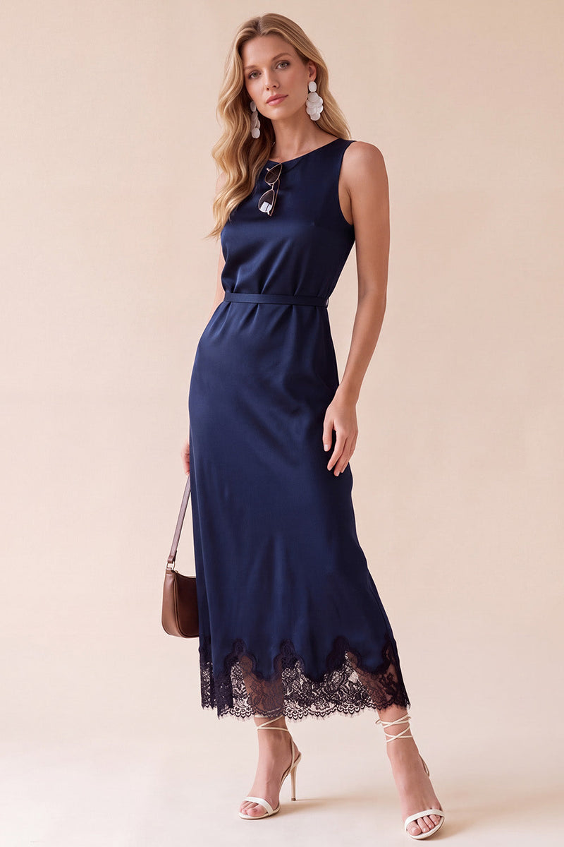Load image into Gallery viewer, Black Sheath Round Neck Satin Long Wedding Guest Dress with Lace