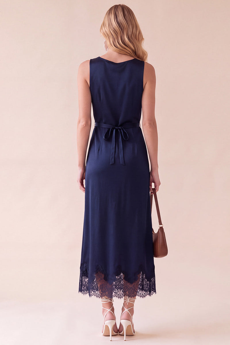 Load image into Gallery viewer, Black Sheath Round Neck Satin Long Wedding Guest Dress with Lace