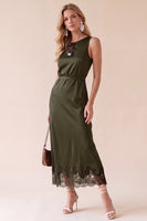 Load image into Gallery viewer, Black Sheath Round Neck Satin Long Wedding Guest Dress with Lace