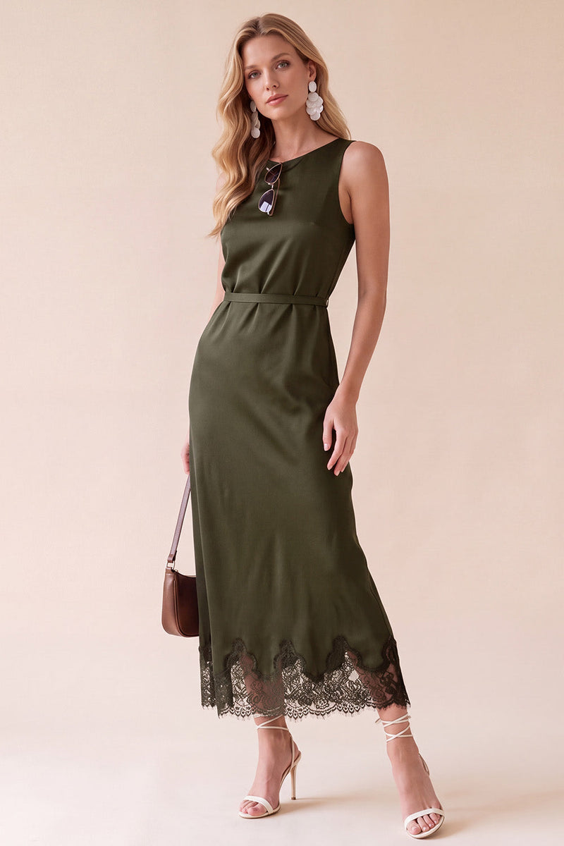 Load image into Gallery viewer, Black Sheath Round Neck Satin Long Wedding Guest Dress with Lace